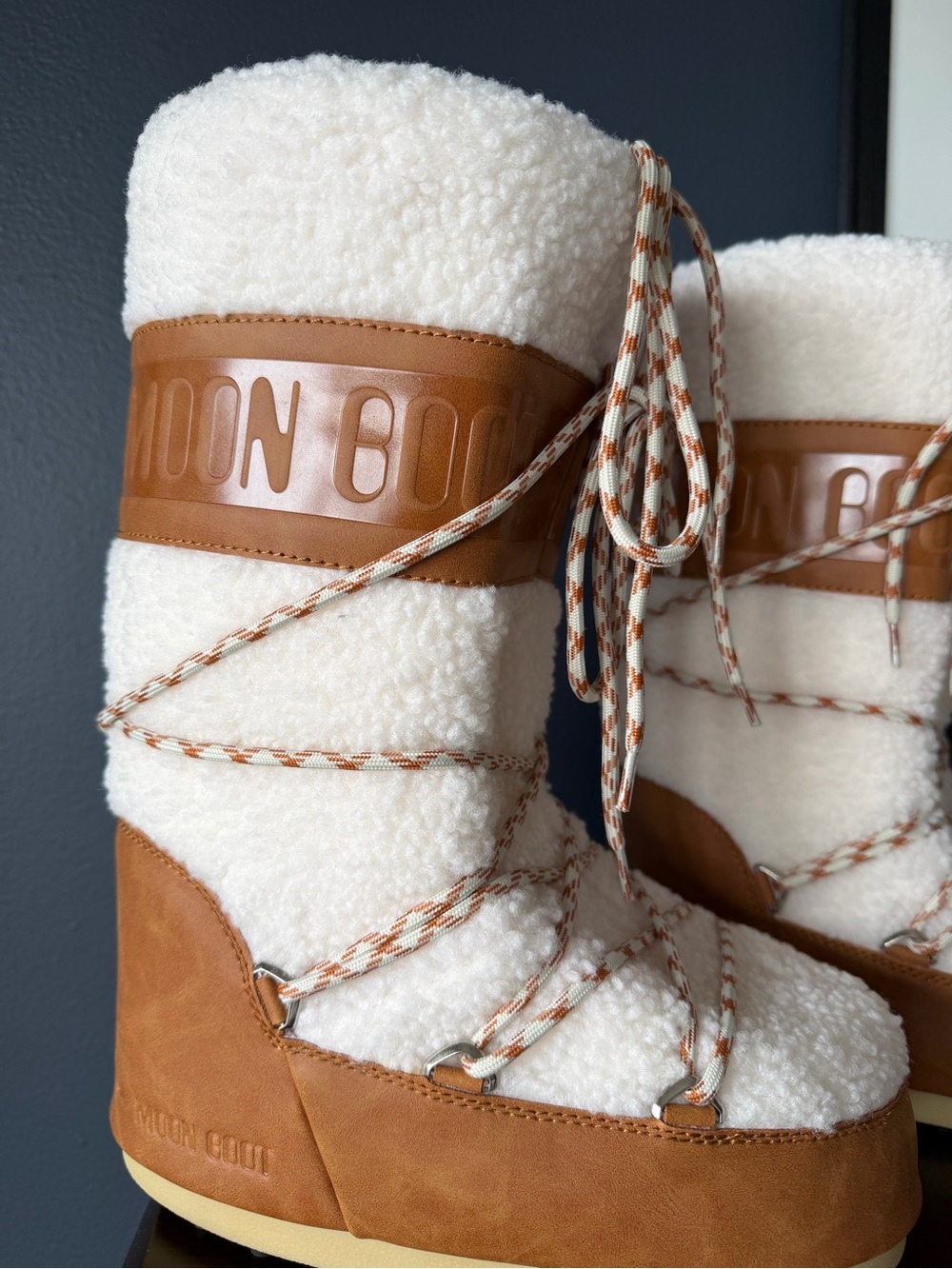 Moon Boot Shearling-Look Lace-Up Boots in Cream and Tan